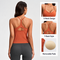 Débardeur de yoga pour femme avec soutien-gorge intégré, col en V, bretelles spaghetti, effet ventre plat, respirant, en nylon et élasthanne brossés double face, pour la gym