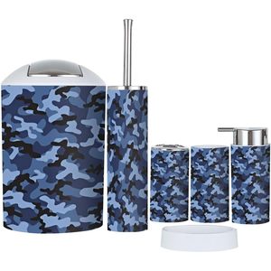 6 pièces bleu militaire Camouflage imprimé ensemble d'accessoires de salle de bain rustique comptoir décor matériel de bain en Stock - Product Image 1