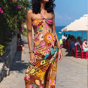 High-quality fashionable printed halter neck slit midi <b>dress</b> custom Contains linen Modal beach <b>dress</b> - Product Image 2