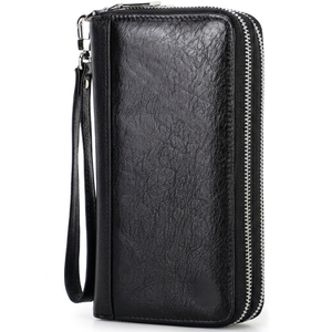 Pochette à fermeture éclair en cuir véritable noir A20 de Fazmax Corporation avec dragonne pour hommes et femmes - Product Image 1