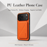Dompet Kartu Magnetik PU Tekstur Togo Oranye, Casing Ponsel Anti RFID, Kompatibel Pengisian Daya Nirkabel untuk iPhone 17 18