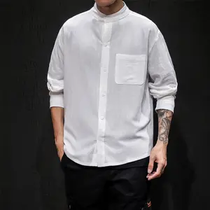 Chemise décontractée en lin et coton pour hommes, style rétro japonais de grande taille, à manches longues, tendance et à la mode