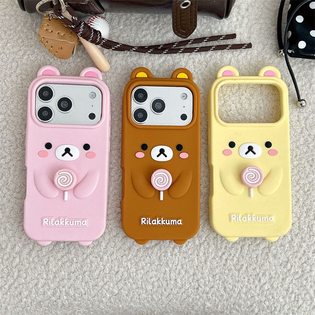 Cute Rilakkuma Bear Silicone Phone case for iPhone 17 16 15 14 13 Pro Max Spinning Lollipop Rotating Rubber Cartoon back Cover