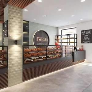 Diseño Interior Moderno para Cafetería y Panadería, Muebles Personalizados para Exhibición de Pan y Pastelería, Madera de Nogal y Metal Negro, Equipamiento Completo para Panadería - Product Image 2