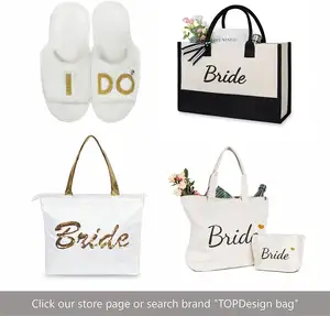 Braut-Tote-Tasche mit Make-Up-Tasche Geschenke für Verlobung Brautparty Junggesellinnenabschied Hochzeitsfeier Leinwand weiße Tasche