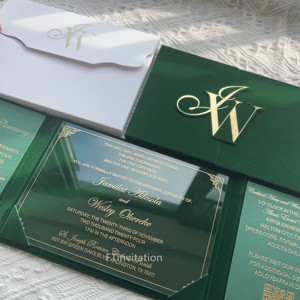 Luxury Emerald Green Velvet Hardcover Wedding Invitation Set Gold Foil Clear Acrylic <strong>Card</strong> Handmade 2mm/3mm Thick Stylish Paper - Product Image 5