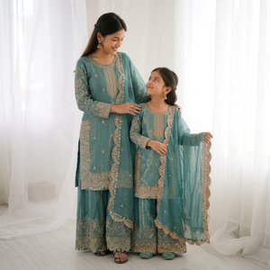 Ethnic <b>Silk</b> Salwar Kameez Set Lace Border Dupatta Palazzo Suit for Women Girls Party Wedding Wear - Product Image 1