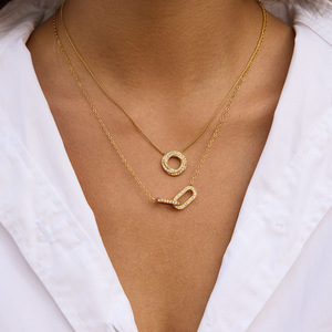 Geometric Double <b>Ring</b> Pendant Necklace 18K <b>Gold</b> Plated White Zircon Bezel Setting Everyday Wear Fine Jewelry <b>Set</b> - Product Image 3