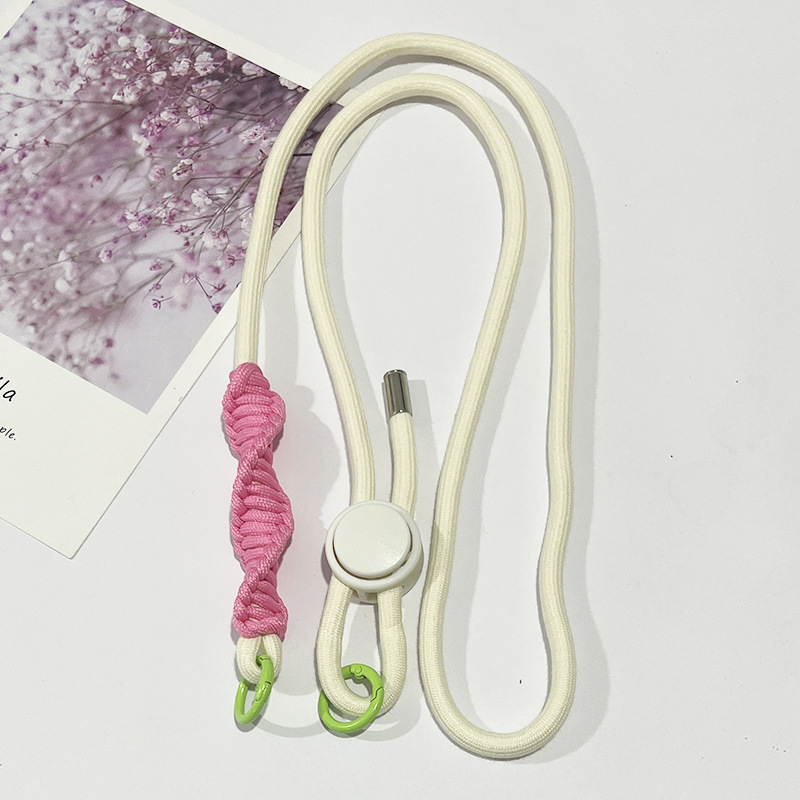 Cuerda blanca con nudo rosa.