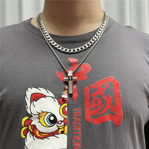 Stainless Steel <b>Cross</b> Pendant Necklace For Men Geometric Design Pave Setting 12077 - Product Image 2