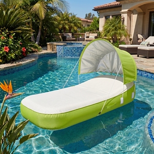 Chaise longue gonflable verte et blanche en tissu durable, flotteur <span class=keywords><strong>de</strong></span> piscine confortable avec auvent, <span class=keywords><strong>lit</strong></span> <span class=keywords><strong>d</strong></span>'air pour bord <span class=keywords><strong>de</strong></span> piscine - Product Image 1