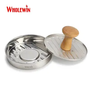 5 pouces en acier inoxydable 304 Burger Press Eco-Friendly <span class=keywords><strong>Hamburger</strong></span> Patty Maker avec manche en bois pour la préparation de la viande de cuisine à domicile - Product Image 1