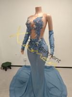 Ocstrade Pronto per la Spedizione - Contattaci Prima dell'Ordine, Abito da Sera con Glitter Azzurro, Strass e Rete Trasparente per Donna, Collezione 2026