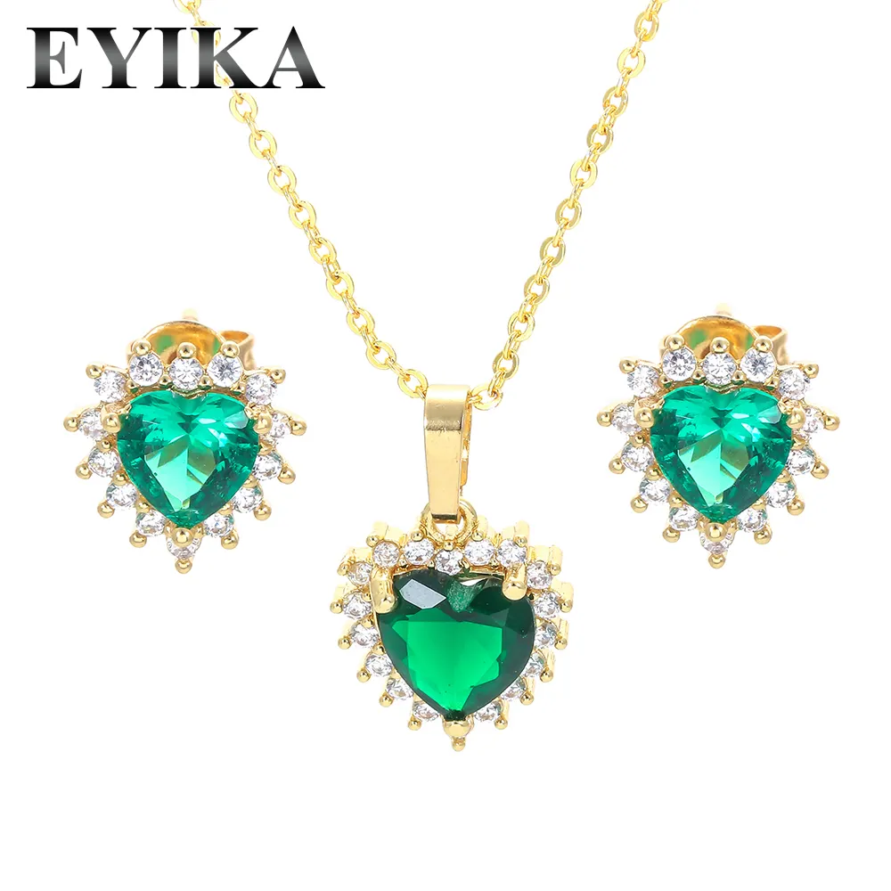 Vintage Green Heart Shaped Jewelry Set Gold Plated Women Green Crystal Zircon Pendant Necklace Earrings Emerald Wedding Jewelry