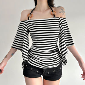 Top de punto para mujer estilo Y2K con manga murciélago, patchwork de cuentas, hombros descubiertos y cintura con lazo a rayas - Product Image 6