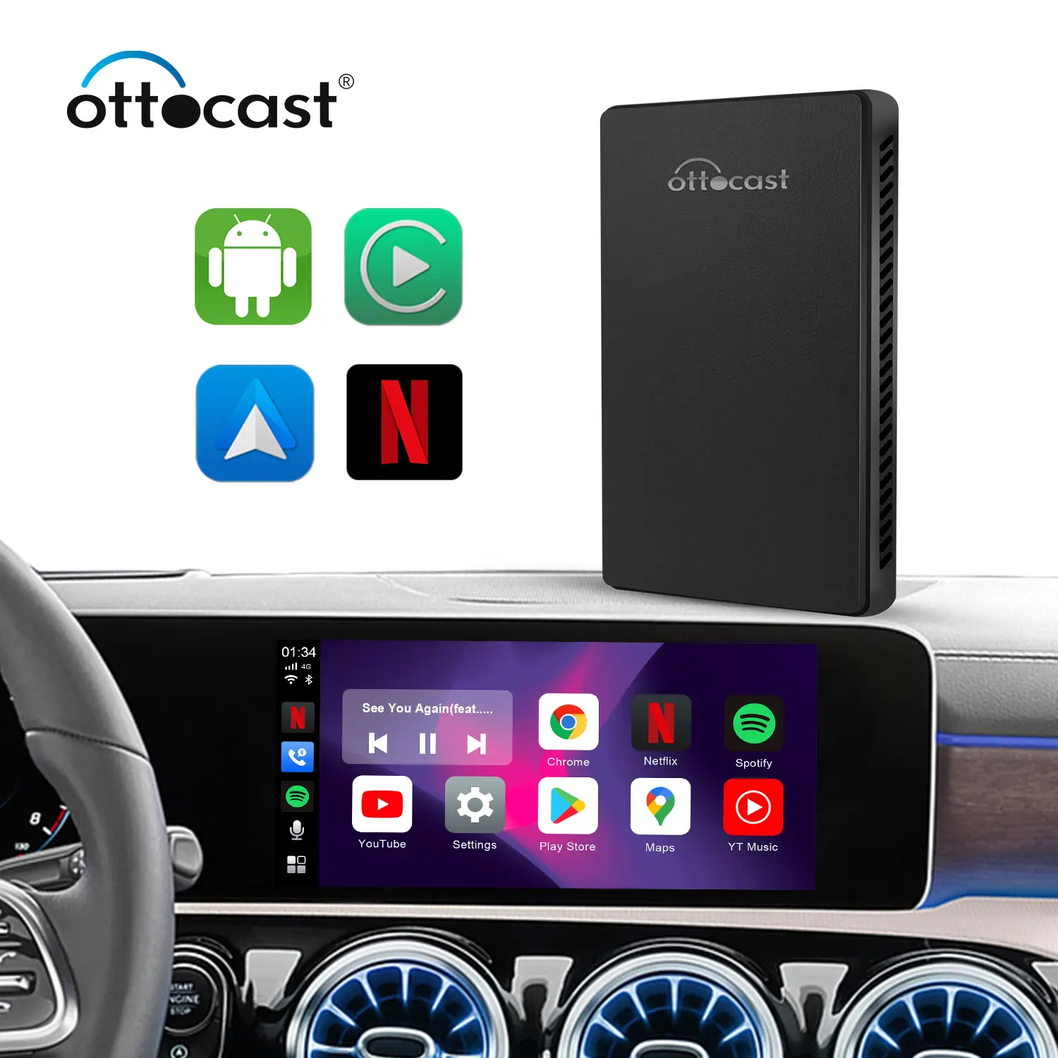 Boîtier smart tv Android Auto, multimédia, sans fil, pour voiture, OTTOCAST, android auto, nouveauté