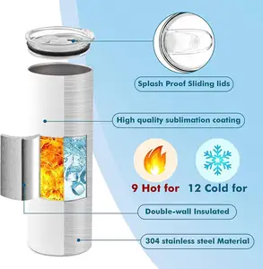 USA 창고 20 Oz 직선 승화 빈 머그컵 스테인레스 스틸 이중 벽 빨대와 고무 바닥이있는 스키니 텀블러