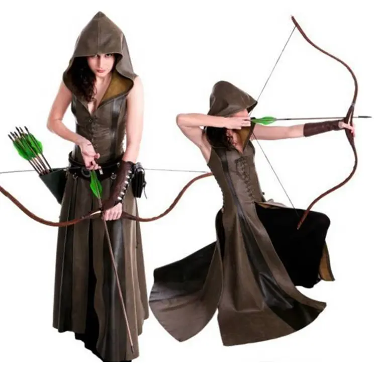 Ecoparty Vrouwen Middeleeuwse Vintage Archer Hooded Cosplay Kostuum Warrior Arrow Hoodie Lederen Jurk Mantel Mouwloze Vesten