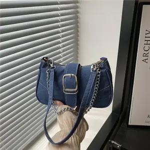 Bolso de hombro y axila de mezclilla sencillo para mujer, bolso cruzado con cadena para niñas, bolso cuadrado portátil tipo silla de montar para mujer - Product Image 6