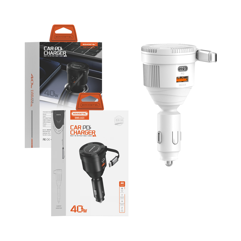 New Good Price Built-in Retractable Cable Usb A Qc3.0 Usb C Pd 40w Premium Rotatable Fast Charging Car Charger Phone Accessory