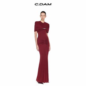 Vestido largo maxi fruncido <span class=keywords><strong>de</strong></span> manga corta para mujer con decoración <span class=keywords><strong>de</strong></span> barra metálica, vestido largo ajustado plisado, elegante vestido <span class=keywords><strong>de</strong></span> noche con abertura, 5 colores - Product Image 2