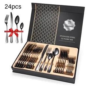 Best Sellers Customized Cutleri Set Stainless Steel Black Knives Spoon Fork Full Set Cutlery 24pcs Set In Box