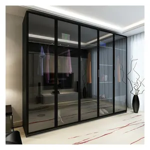 Modern Black Aluminium Framed Glass Panels Solid Wood Wardrobe with Light Bar Decoration