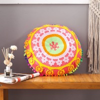 Pouf et taie d'oreiller ronds brodés à la main Maroc-Inde, oreiller tricoté, coussin de sol bohème pour fenêtre en baie, pour maison d'hôtes et hôtel