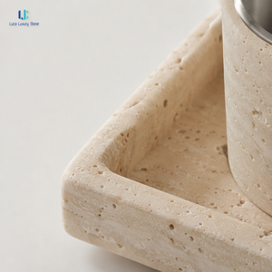 Ensemble d'accessoires de salle de bain en marbre travertin Luca |   Ensemble de 5 pièces en pierre polie : Distributeur de savon, Porte-brosses à dents, Plateau – Idéal pour la maison et l'hôtel, sur mesure - Product Image 4