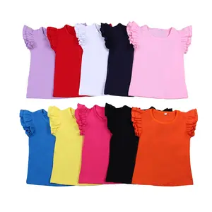 100% Cotton Girls T-shirts Classic Solid Tops for little girls Kids Clothing Flutter Sleeve shirts