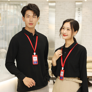 Navy Long Sleeve <b>Polo</b> Shirt Solid Color Breathable Knitted Men's Business Services Wear - Product Image 2