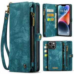 CaseMe Skin Touch Feel for iPhone 14 Leather Case 2 in 1 Detachable Back Cover Zipper Card Slots for iPhone 14 Case Wallet Pouch