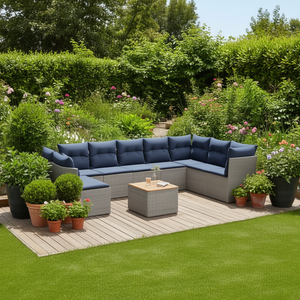 Set Divano da Esterno in Polyrattan Grigio con Cuscini, 8 Posti, Arredamento da Giardino Contemporaneo - Product Image 2