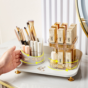 Organisateur de maquillage rotatif transparent avec couvercle, anti-poussière, support à rouge à lèvres de bureau, rangement cosmétique en plastique léger 360° - Product Image 1