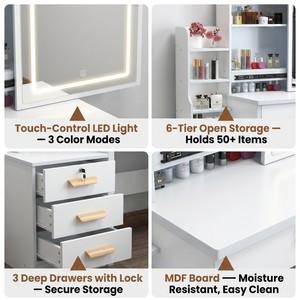 Meilleure <span class=keywords><strong>Vente</strong></span> Coiffeuse Moderne Nordique en Bois Blanc avec Miroir Éclairé et Tiroirs de Rangement pour Appartement - Product Image 3