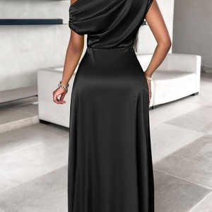 Custom Women Asymmetrical <b>One</b> Shoulder Solid Color Casual <b>Dress</b> Elegant Shoulder Waist Belt Side Split Washable Natural - Product Image 6