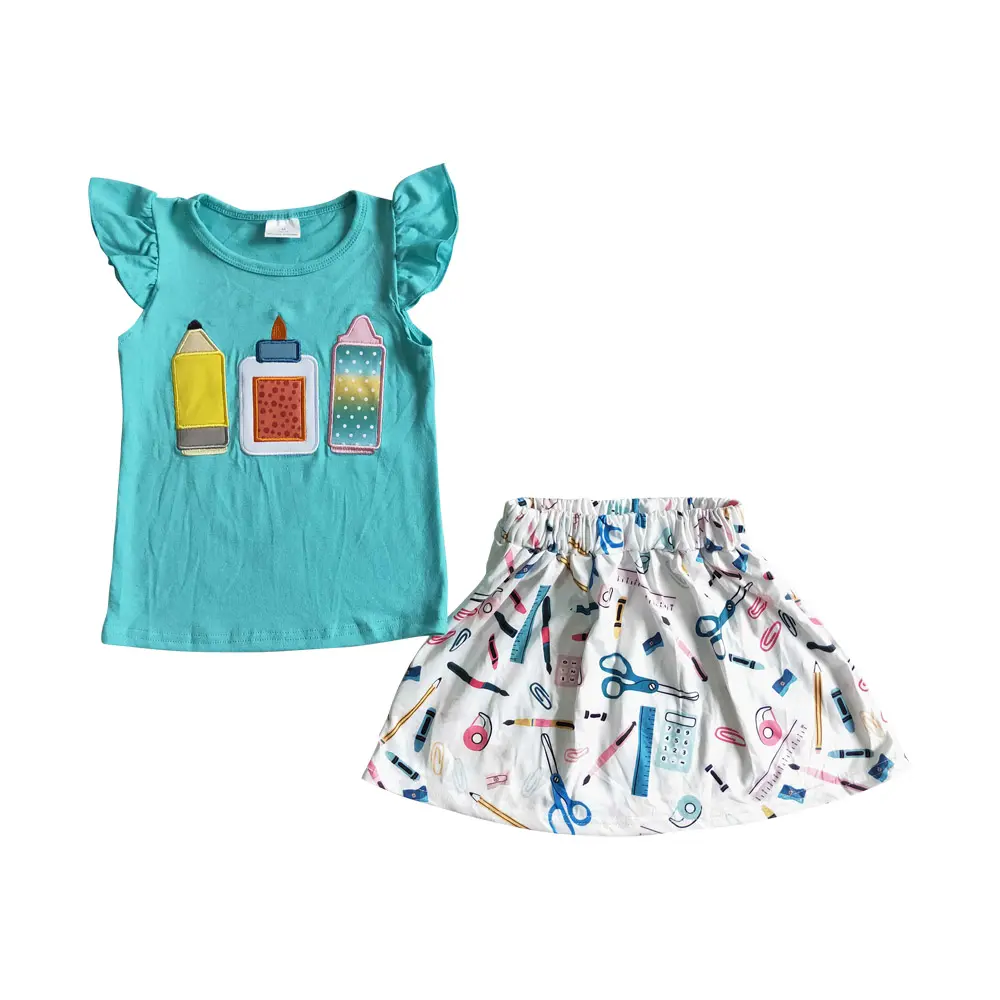 GSD0080 Conjunto de roupas para meninas bordadas lápis manga pequena manga voadora azul manga curta kit escolar estampado shorts