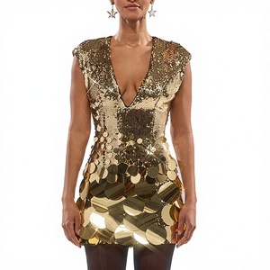 BH1684 Nouvelle Robe Sexy Vintage Hiver Club Banquet Coupe A-Line 2025 Col V Paillettes Patchwork Sans Manches Taille Haute Moulante Femme - Product Image 2