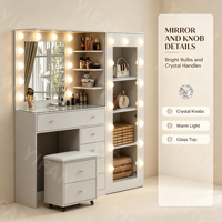 Ensemble table de maquillage moderne en MDF rose coiffeuse à 13 tiroirs miroir sur pied éclairé par LED pour la chambre à coucher et le salon