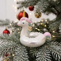 Unicorn Cantik Warna Pink dan Emas Berkilau dengan Cincin Tiup Perak, Manik-manik Putih Mutiara, Ornamen Kaca, Figur untuk Natal