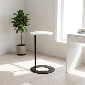 Table d'appoint ronde minimaliste moderne avec plateau blanc et base en métal noir, meubles écologiques pour salon et chambre à coucher - Product Image 2