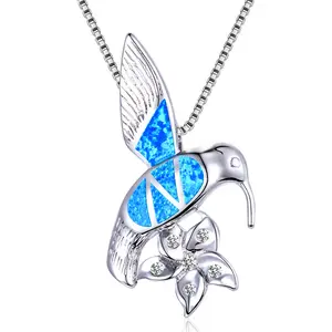 Cute Bird Blue Green Fire Opal Pendant Flower Necklaces For Women Vintage Fashion Silver Color Chain Jewelry Animal Necklace