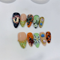 Lot de 10 faux ongles à presser, forme carrée, faits main, ornés de motifs en dentelle dorée, champignons et coccinelles