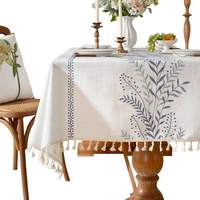 Taplak Meja Laolitou Spring Heavy Duty Katun Linen Anti Air Anti Kusut Gaya Farmhouse Rustic Biru Bordir Daun Pakis dengan Rumbai
