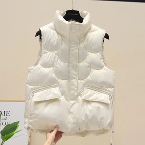 Women's Short Cotton Vest Off White Stand Collar Pocket Solid Color Winter Warm Waistcoat - Product Image 1