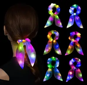 Women Light Up Hair Bows Scrunchies LED Luminous Rabbit Bunny Ear Scrunchie Ponytail Holder Glow In The Dark Neon Party Supplies