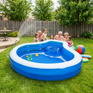 Piscine gonflable familiale ronde avec dossier et sièges intégrés, couleur bleu + blanc - Product Image 5