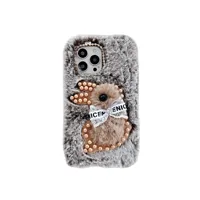 Adorable Coque Téléphone Hivernale Chaude Entièrement en Peluche Douillette Motif Lapin à Perles pour iPhone 16 15 14 13 Mini 12 Pro Max 11 Xs Xr 7 8 Plus