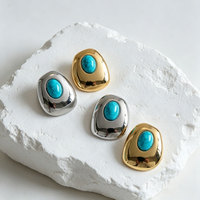 Boucles d'oreilles clous polyvalentes pour femme, style européen-américain, à monture large, en alliage de zinc, doré poli, audacieuses, vintage, géométriques, incrustées de turquoise