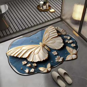 Tapis de bain en boue de diatomées 3D floral papillon, ovale, antidérapant, absorbant l'eau, pour la maison - Product Image 2